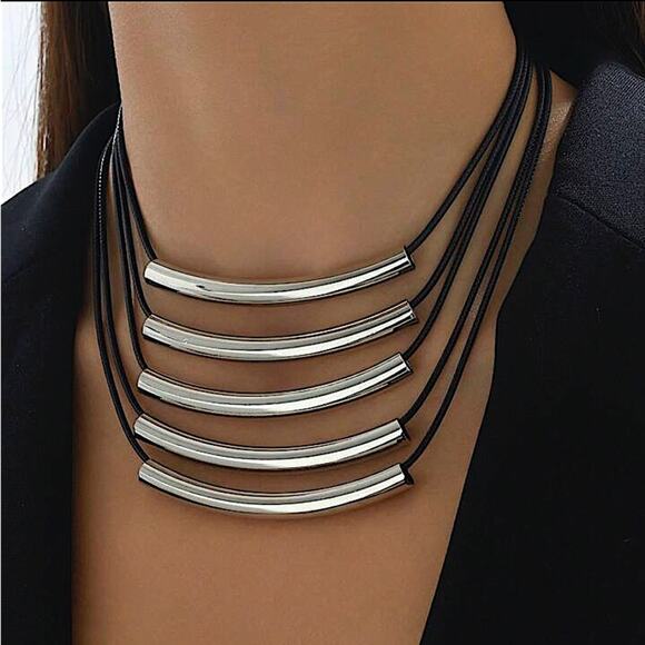Multilayer Silver Tube Statement Necklace - Picture 2 of 6